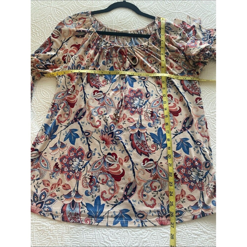 NAIF Tunic Light Pink Blue Red Coral Floral & Paisley Tie-Neck Split Sleeve Sz L - Picture 11 of 11
